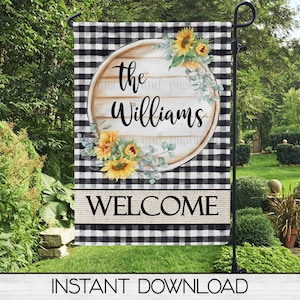 Farmhouse Sunflower Garden Flag Sublimation Digital Design Download, Buffalo Plaid Printable Art, Instant Download, Sublimation Graphics