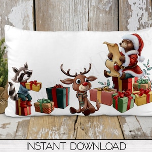 Merry Christmas Santa and Friends Tree Skirt and Lumbar Pillow Cover PNG Sublimation Design, Digital Download