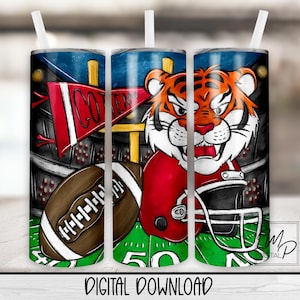 Red Tiger Mascot Football 20 oz Skinny Tumbler Sublimation Design, Instant Digital Download PNG Straight Tumbler Wrap PNG
