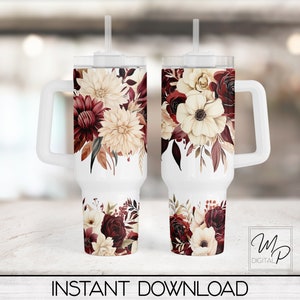 Bourgogne Floral 40oz Tumbler Wrap Design - PNG Tumbler Sublimation Design Télécharger - Utilisation commerciale