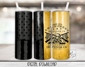 Patriotic 20oz Skinny Tumbler PNG, Digital Design for Sublimation, 1st 2nd Amendment Black Flag Waterslide Download, Tumbler Wrap