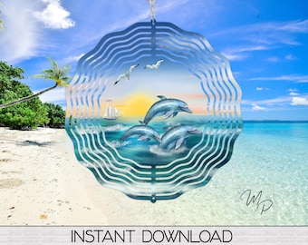 Dolphin Wind Spinner PNG Design for Sublimation, Ocean Garden Decor, Digital Download