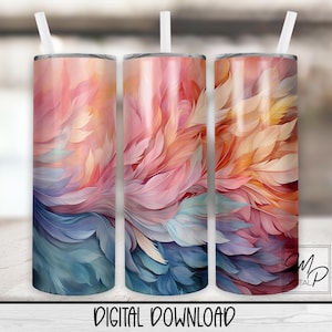 Watercolor Feathers 20 oz Skinny Tumbler Sublimation Design, Instant Digital Download PNG Straight and Tapered Tumbler Wrap PNG