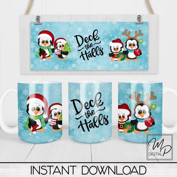 Christmas Penguin 11oz and 15oz Mug Wrap Template, Deck The Halls Coffee Mug Sublimation, Digital Download, Commercial Use