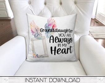Angel Wings Granddaughter Memorial Square Pillow Cover PNG Sublimation Design, Digital Download