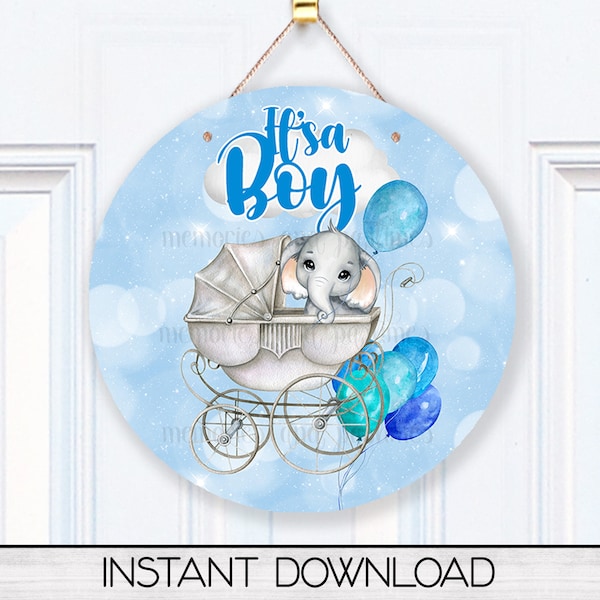 It's A Boy Door Sign PNG, Digital Download for Sublimation, Round Elephant Hospital Door Hanger PNG, Birth Announcement Sign PNG