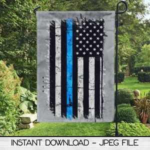May include: A garden flag featuring a distressed American flag design with a blue stripe. The flag has a gray background and the text "INSTANT DOWNLOAD - JPEG FILE" at the bottom.