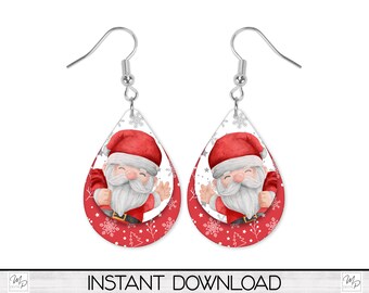 May include: A pair of teardrop-shaped earrings featuring a watercolor illustration of Santa Claus. The earrings have a red and white snowflake pattern border and a silver hook. The text "INSTANT DOWNLOAD" is at the bottom.