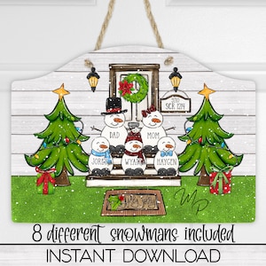 Personalize Christmas Snowman Family Round Top Door Sign Sublimation Design Download, Door Sign PNG, Commercial Use