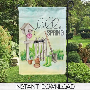Hello Spring Welcome Garden Flag Sublimation Design, Spring Patio Decor, Birdhouse Garden Flag, Digital Download
