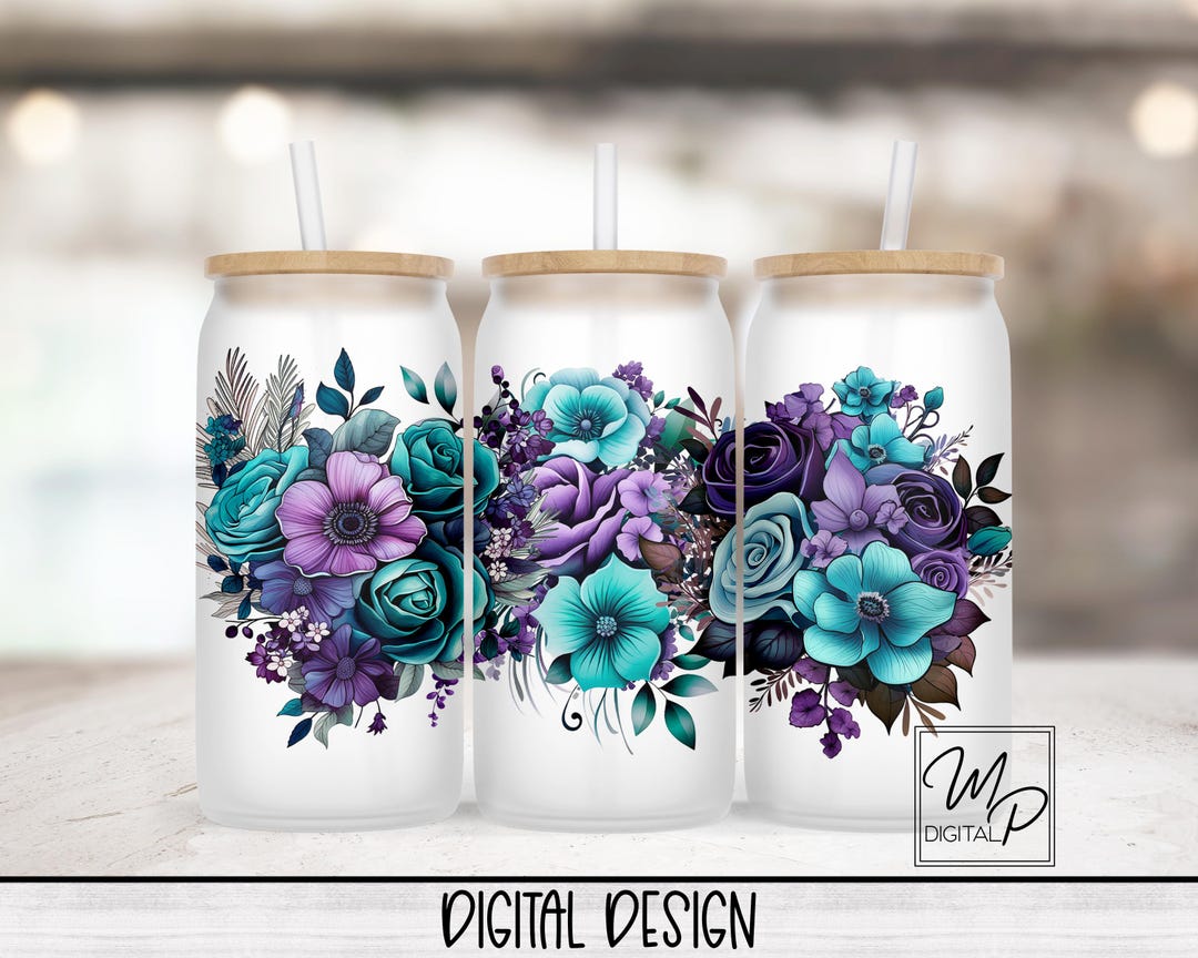 Purple and Teal Floral 16oz Glass Can Wrap PNG, Glass Tumbler ...