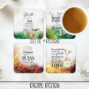 Set van 4 christelijke bijbelvers Coaster sublimatie PNG-ontwerpen, vierkante koffie-onderzetters, Car Coaster sublimatie digitale download