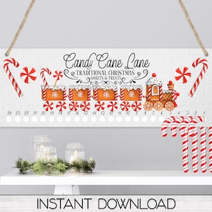 Christmas Candy Cane Countdown Sign PNG Sublimation Digital Download, Candy Cane Holder Advent Calendar, Gingerbread Train