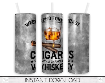 Whiskey & Cigars 20oz Skinny Tumbler PNG Sublimation Design Download 20 oz Tumbler Wrap for Men Digital Template