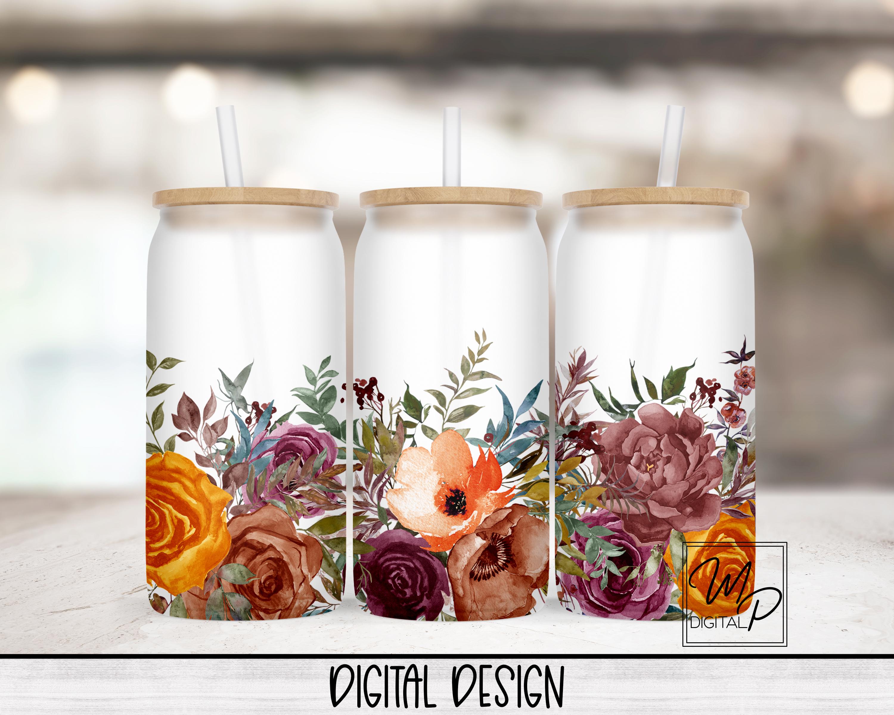 Fall Floral 16oz Glass Can Wrap PNG, Glass Tumbler Sublimation Design ...
