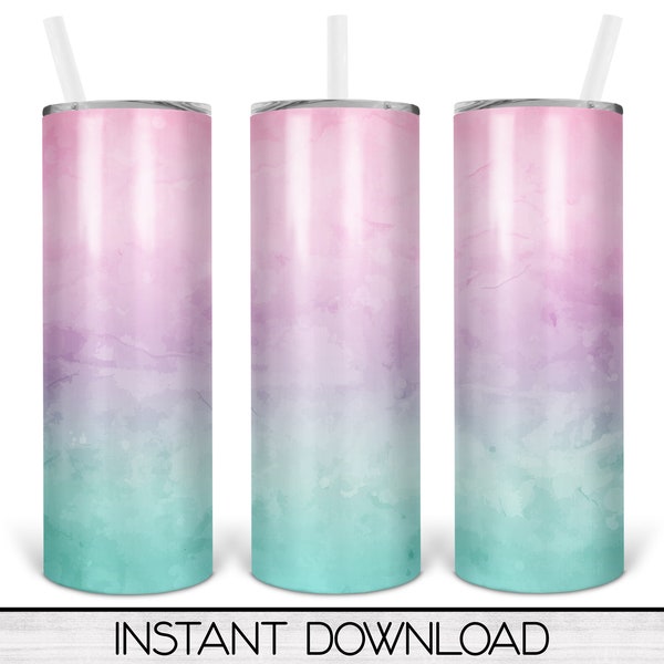 Pink and Teal Watercolor Ombre 20 oz Skinny Tumbler Sublimation Design, Instant Digital Download PNG Straight and Tapered Tumbler Wrap PNG