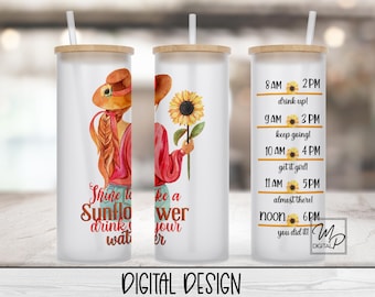 20oz / 25oz Glass Tumbler Water Tracker, Sunflower Wrap for Sublimation and Waterslides, PNG Digital Download, Drink Your Water