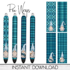Teal Plaid Gnome Epoxy Pen Wrap PNG Design, Ink Pen Waterslide Bundle Digital Download