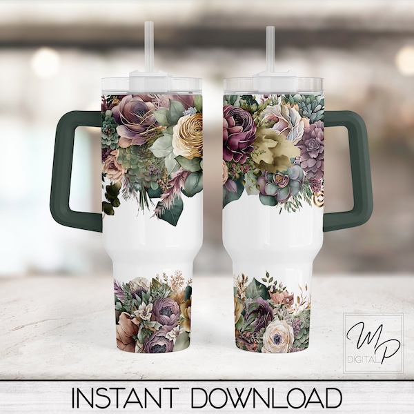 Green and Burgundy Flowers 40oz Tumbler Wrap - PNG Tumbler Design Sublimation - Digital Designs Downloads - Commercial Use