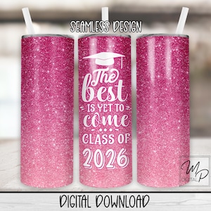 Seamless Senior 2026 20 oz Skinny Tumbler Sublimation Design, Digital Download PNG Straight Tapered Tumbler Wrap PNG, Glitter, Graduation