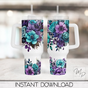 Blaugrüne und lila Blumen 40 Unzen Tumbler Wrap - PNG Tumble Design Sublimation - Digital Designs Downloads - Kommerzielle Nutzung