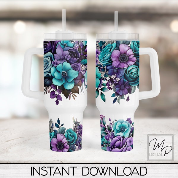 Teal and Purple Flowers 40oz Tumbler Wrap - PNG Tumbler Design Sublimation - Digital Designs Downloads - Commercial Use