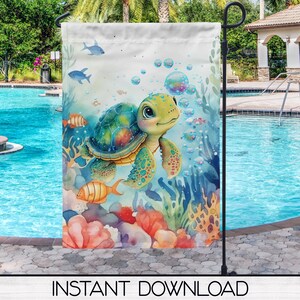May include: A colorful garden flag featuring a cartoon sea turtle swimming in a coral reef with blue, green, and orange fish. The turtle has a light blue shell with green and orange accents. The flag has the text "INSTANT DOWNLOAD" at the bottom.