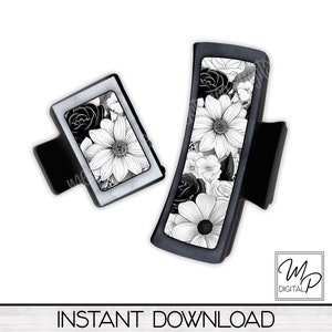 Black and White Floral Hair Clip Sublimation Design, Large And Small Hair Claw PNG, Hair Clip Sublimation Design, Digital Download