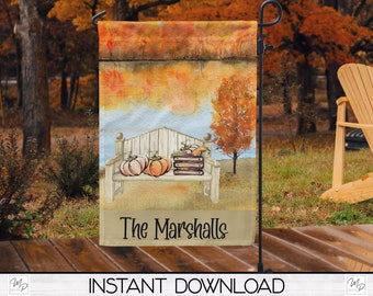 Può includere: Una bandiera da giardino con un'illustrazione ad acquerello di una panchina con zucche e libri. Lo sfondo mostra una scena autunnale con un lago e alberi. Il testo "The Marshalls" è visualizzato sotto, con "INSTANT DOWNLOAD" in basso.