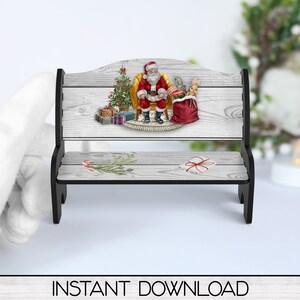 May include: A small black bench with a festive Christmas design. The backrest shows Santa Claus in a chair, a Christmas tree, and gifts. The bench seat has a candy cane and mistletoe graphic. The text "INSTANT DOWNLOAD" is at the bottom.