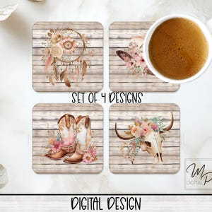 Set van 4 Western Coaster-sublimatie PNG-ontwerpen, Country Square-koffieonderzetters, Car Coaster-sublimatie digitale download