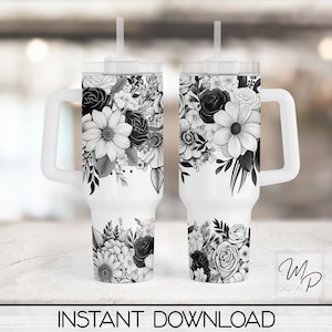 Schwarz und weiß Blumen 40 Unzen Tumbler Wrap - PNG Tumbler Design Sublimation - Digitale Designs Downloads - kommerzielle Nutzung