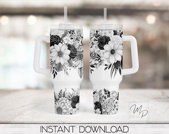 Black and White Flowers 40oz Tumbler Wrap - PNG Tumbler Design Sublimation - Digital Designs Downloads - Commercial Use