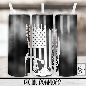 Black and white 20oz skinny tumbler design featuring a U.S. flag with oilfield elements. The central panel shows a stylized American flag with oil derricks, pumpjacks, and smoke silhouettes incorporated into the stripes and stars. High-resolution PNG formatted for sublimation on 20oz skinny tumbler, suitable for commercial use