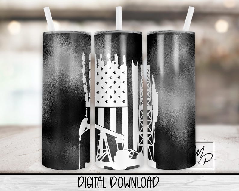 Black and white 20oz skinny tumbler design featuring a U.S. flag with oilfield elements. The central panel shows a stylized American flag with oil derricks, pumpjacks, and smoke silhouettes incorporated into the stripes and stars. High-resolution PNG formatted for sublimation on 20oz skinny tumbler, suitable for commercial use