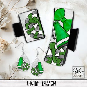 Cheerleader Hair Clip Sublimation Design, Green Team Spirit, Large And Small Hair Claw PNG, Hair Clip and Teardrop Earring