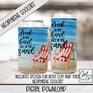 Refroidisseur de canette de plage en néoprène, design par sublimation, Refroidisseur de canette en tissu pliable PNG, Support de canette, Glacière de canette téléchargement PNG