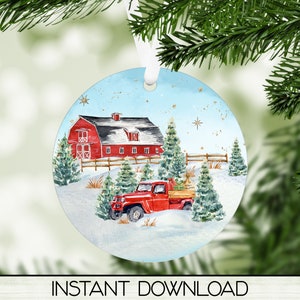 Farm Christmas Ornament PNG for Sublimation, Round Ornament Design, Digital Download, Red Farmhouse Truck