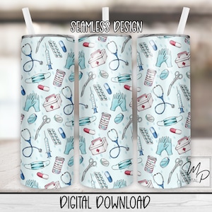 Seamless Nurse Medical Tumbler PNG Sublimation, 20oz Skinny Tumbler Sublimation Design, Digital Download, Tumbler Waterslide Commercial Use