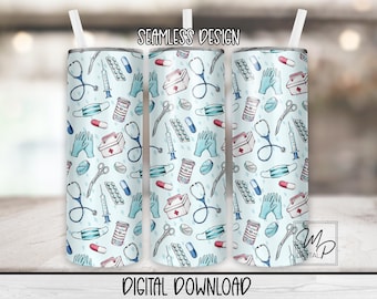 Seamless Nurse Medical Tumbler PNG Sublimation, 20oz Skinny Tumbler Sublimation Design, Digital Download, Tumbler Waterslide Commercial Use