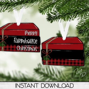 Farmhouse Stacked Books PNG Sublimation Design Christmas Tree Ornament, Instant Digital Download, Personal and Commercial Use