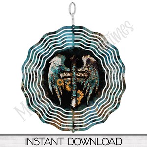 May include: A teal and white metal wind spinner with a cross and wings design. The cross has the word "Faith" written on it. The wings are decorated with a leopard print pattern and flowers.