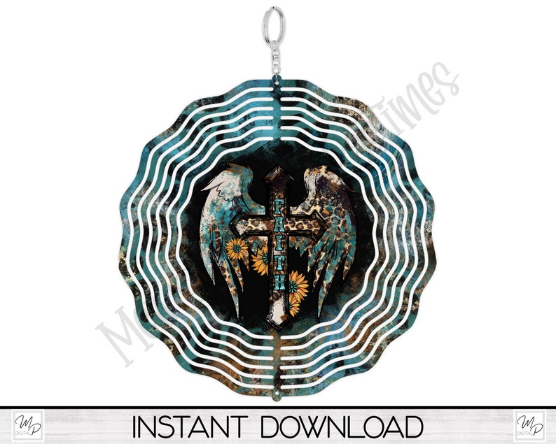 May include: A teal and white metal wind spinner with a cross and wings design. The cross has the word "Faith" written on it. The wings are decorated with a leopard print pattern and flowers.
