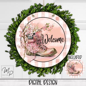 Cherry Blossom Round Door Sign Sublimation Design Download, Wreath Sign, Welcome Door Sign PNG, Commercial Use