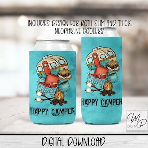 Diseño de sublimación de enfriador de latas Happy Camper de neopreno, enfriador de latas PNG, soporte de latas de neopreno, enfriador de latas para acampar en RV PNG Descargar