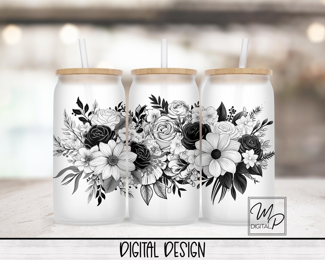Black and White Floral 16oz Glass Can Wrap PNG, Glass Tumbler ...