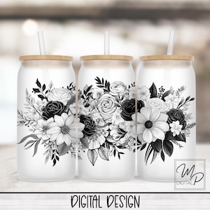 Schwarzweiss-Blumen 16oz Glasdosenverpackung PNG, Glasbecher-Sublimationsdesign, Eiskaffeebecher
