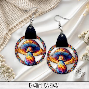 Design de sublimação PNG de brinco de cogumelo, argola de cogumelo hippie com couro, download digital instantâneo, uso pessoal e comercial