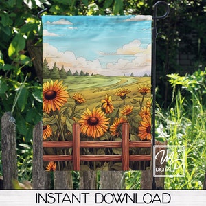 12x18 Garden Flag Sublimation Design, Sunflower Fence, PNG Digital Download