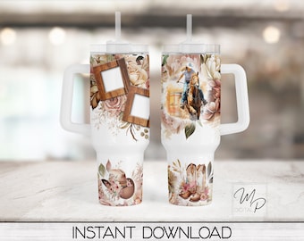 May include: White tumbler with a handle and a straw. The tumbler has a floral design with a picture of a woman riding a horse. The tumbler also has two picture frames with a floral design.